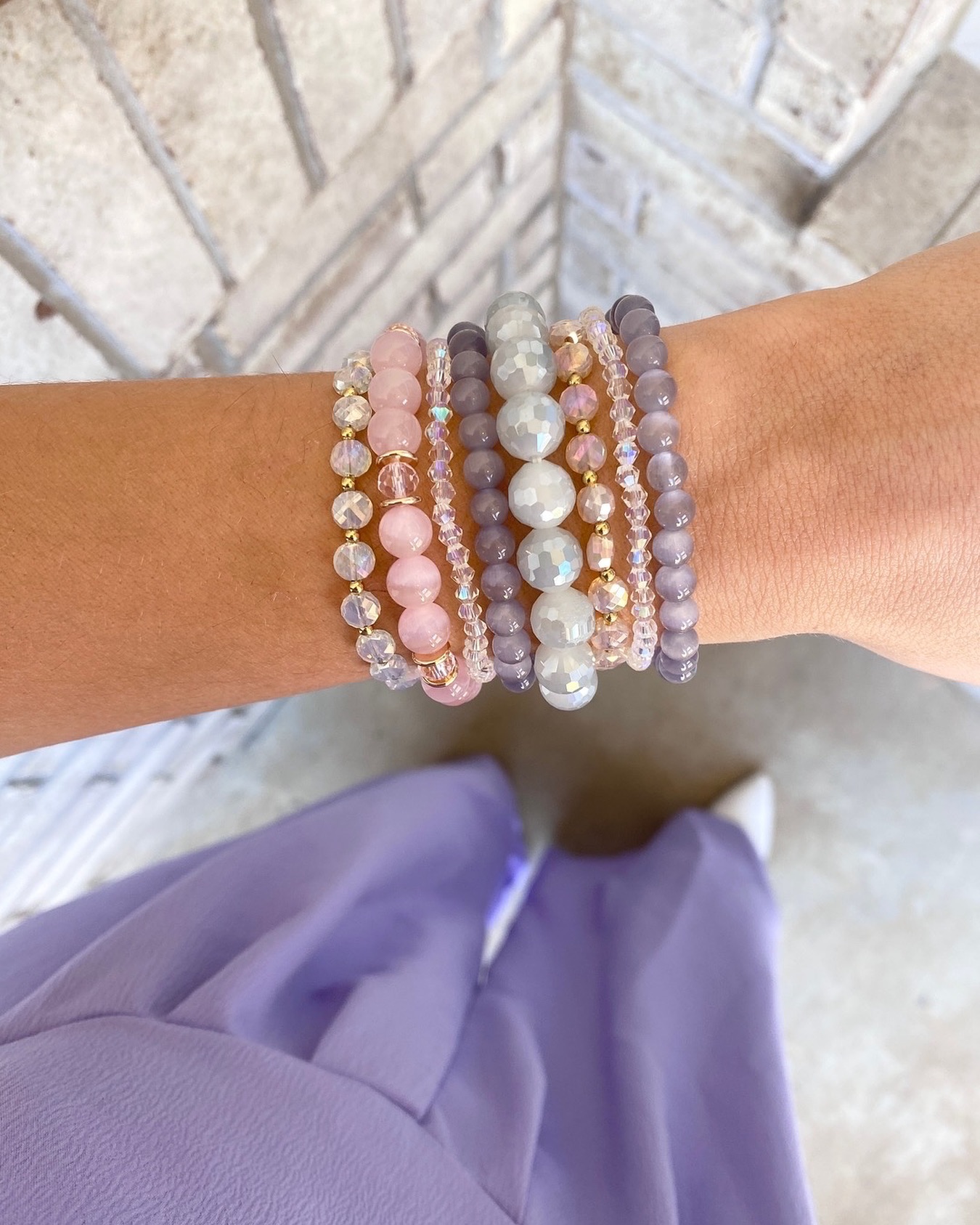 Elegant dark purple stone with hotsell pink accents and white pearl bracelet stack