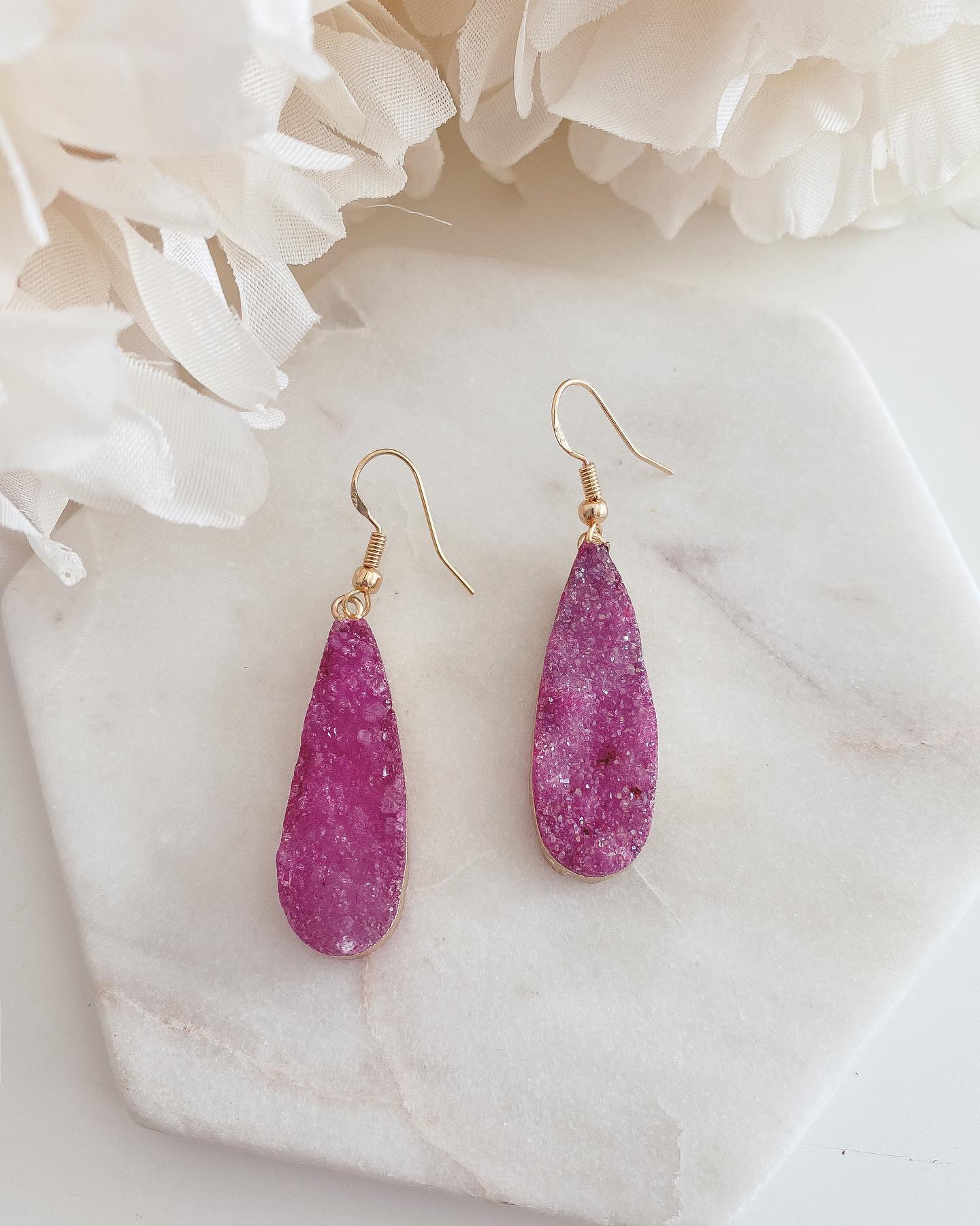 Mismatched statement earrings with druzy buy stone (pink/purple/gold)