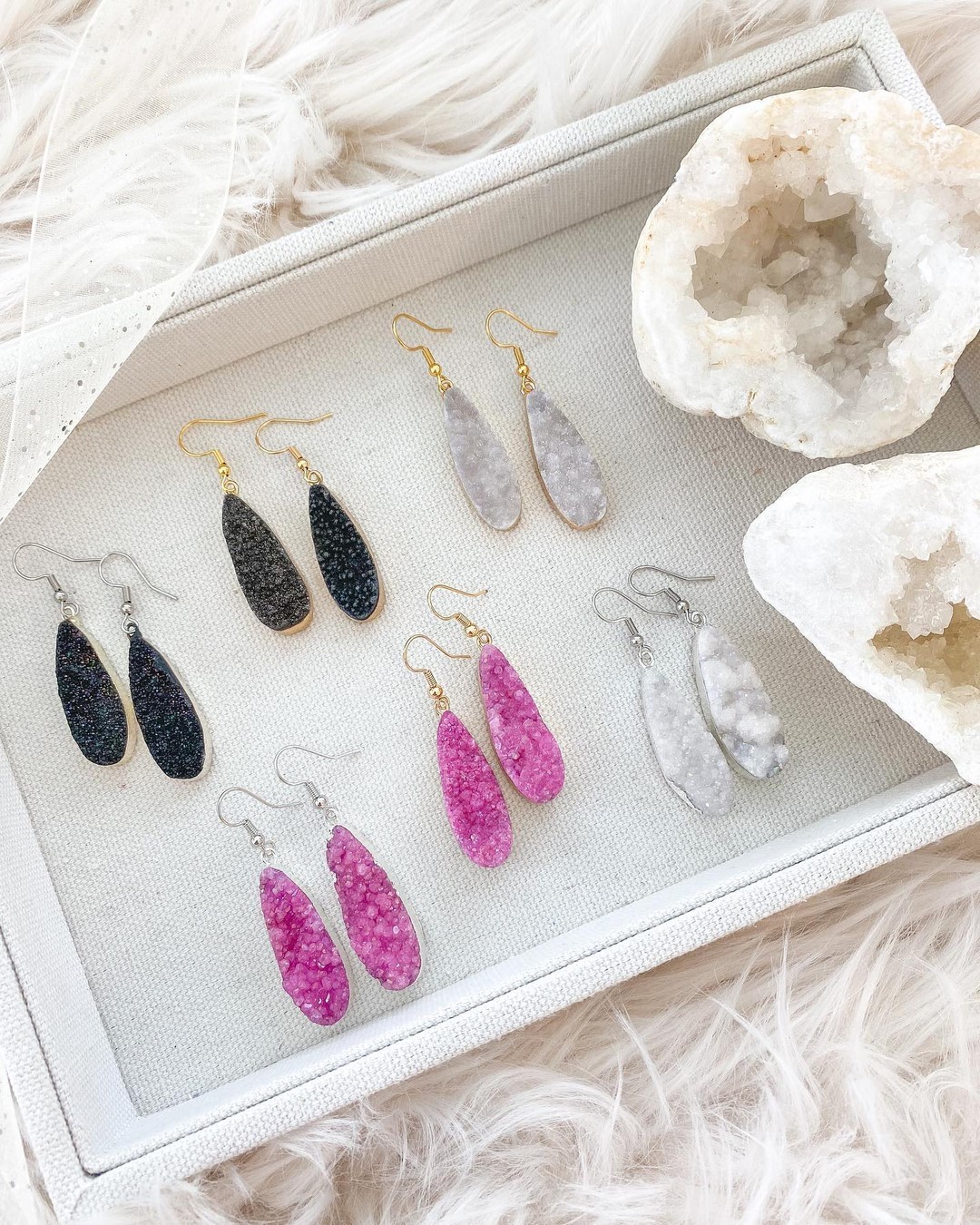 Mismatched statement earrings with druzy store stone (pink/green/gold)