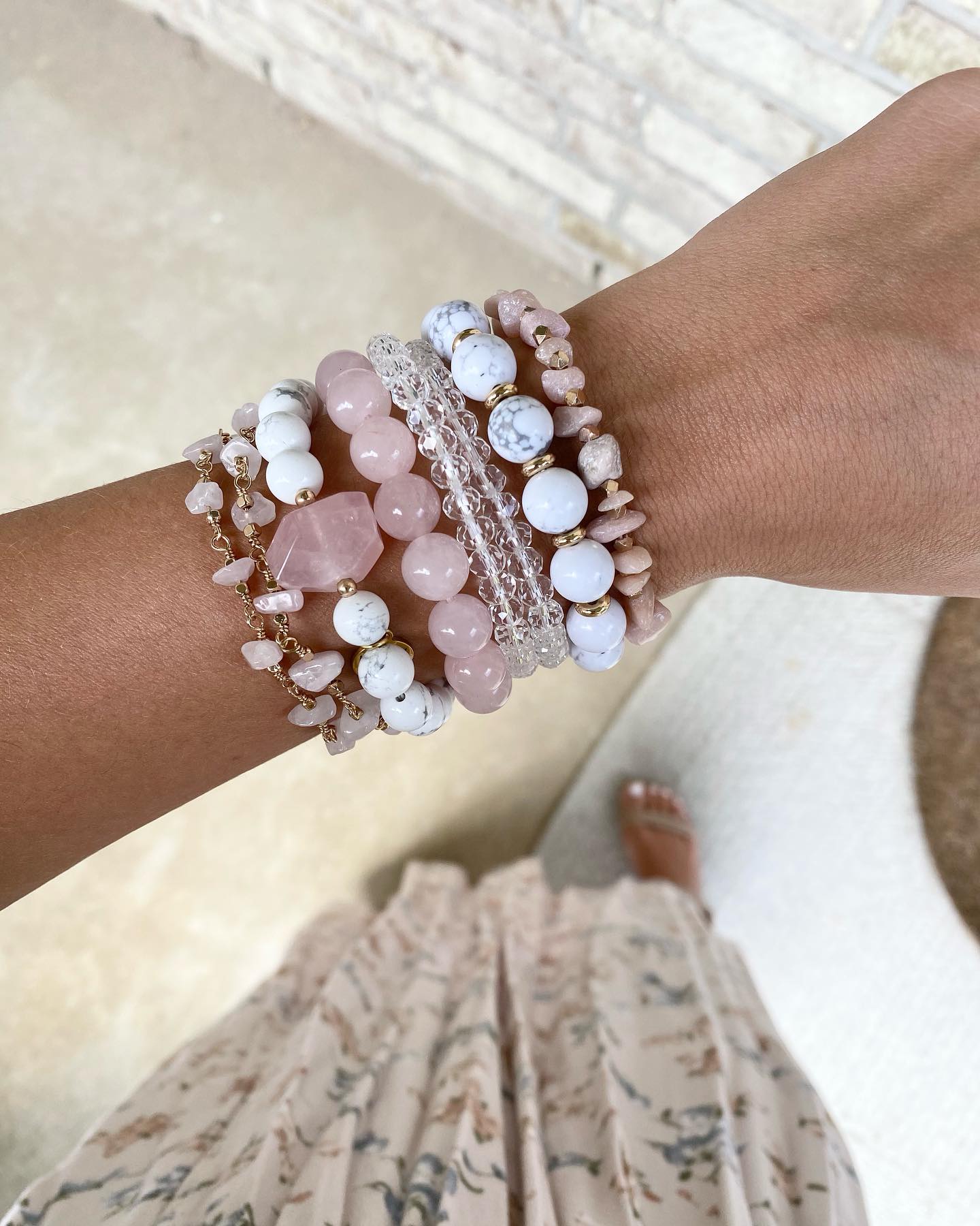 Steff Silver & Rose Quartz Bead Bracelets With Star Charm Large