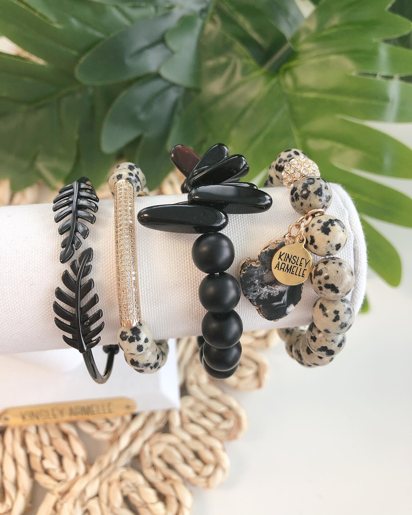 Stunning black geode/Dalmatian beads accented with gold order leaf cuff