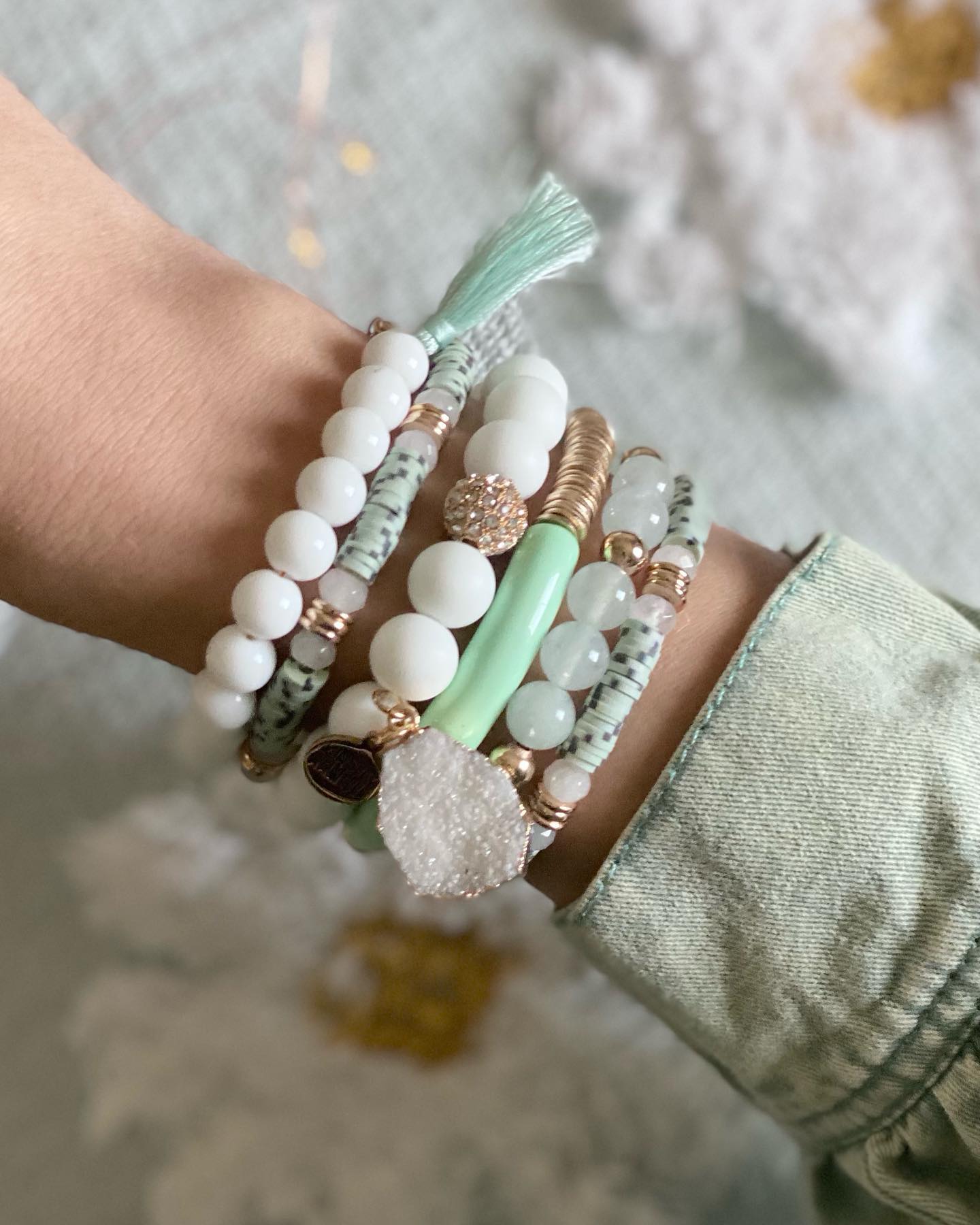 Mint Green With White Clay Beads/white Ware Beads With Tassel